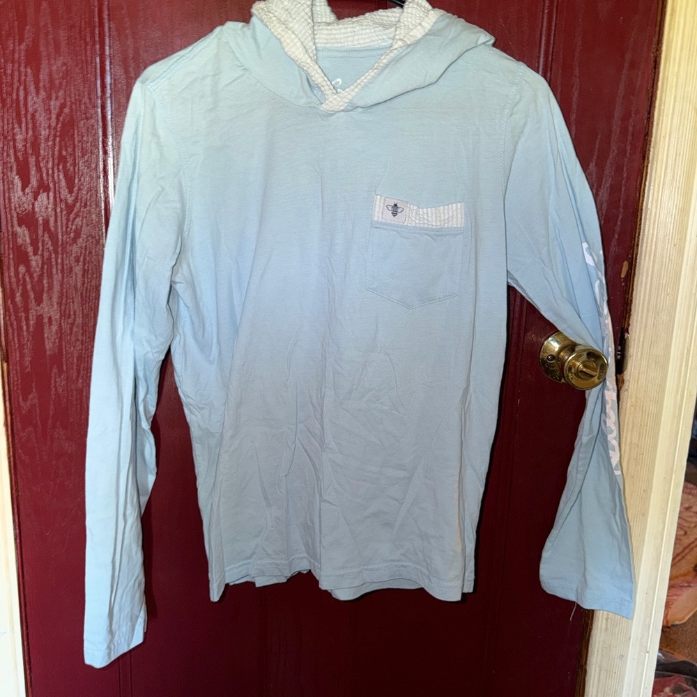 Light Blue Hooded Long Sleeve Tee with Chest Pocket